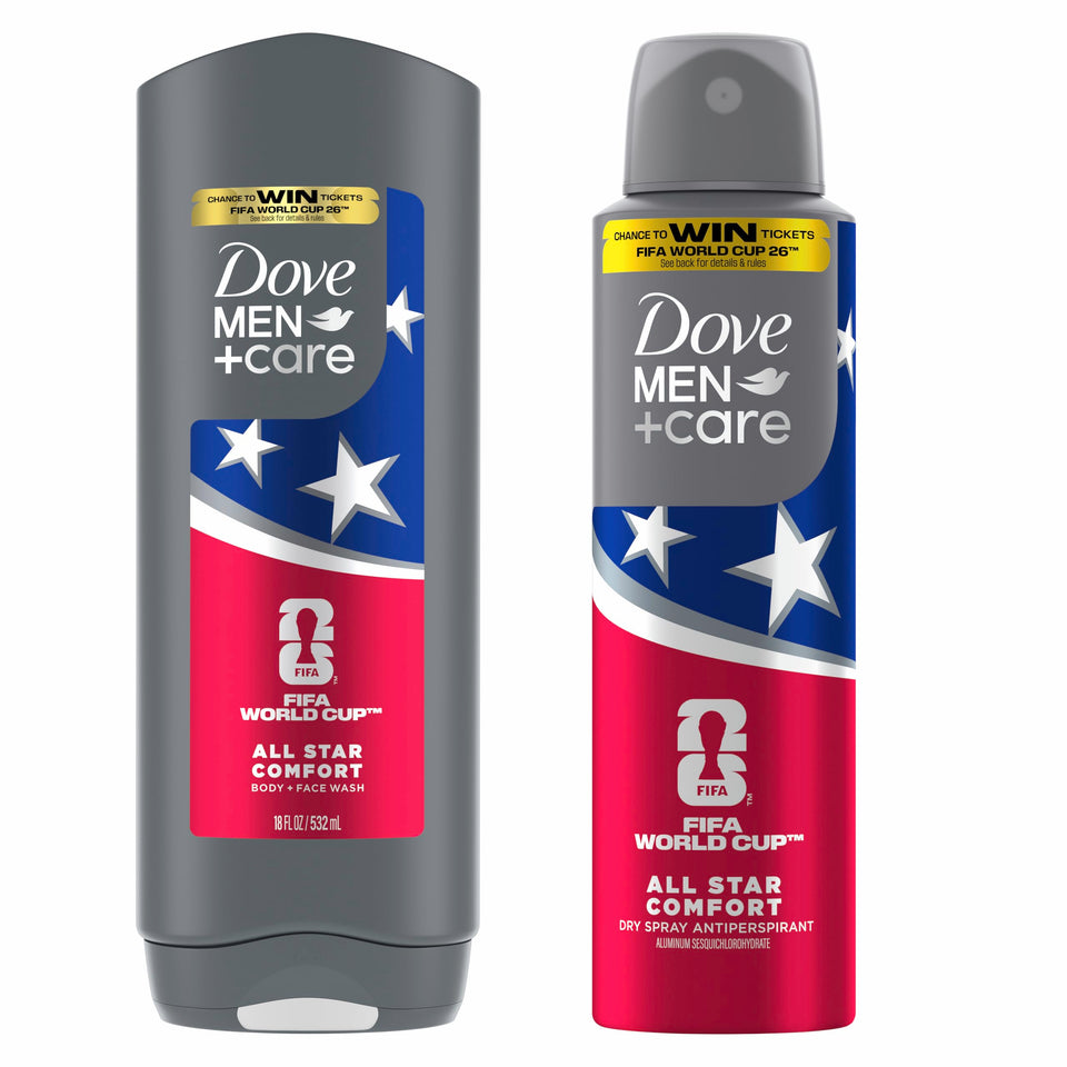 Dove Men+Care front packaging showing limited‑edition FIFA design and product pairing benefits