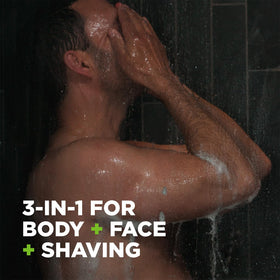 Angled label focus on Dove Men+Care ingredient area showing gentle formula benefit