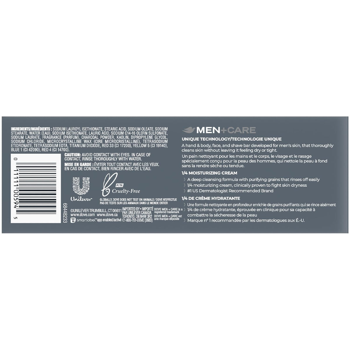 Dove Men+Care bar close-up texture highlighting charcoal particles, exfoliating benefit