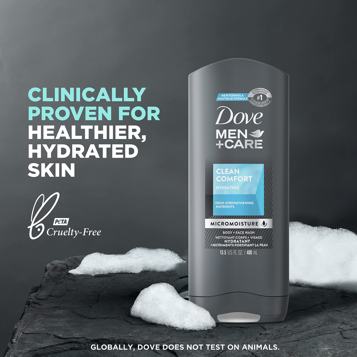 Dove Men+Care Clean Comfort body wash in shower showing hydrated skin