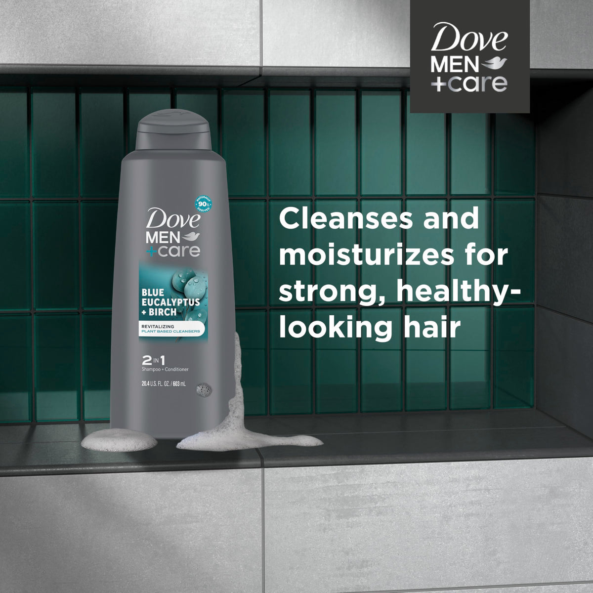 DOVE MEN + CARE bottle highlighting 100% recycled recyclable-plastic badge