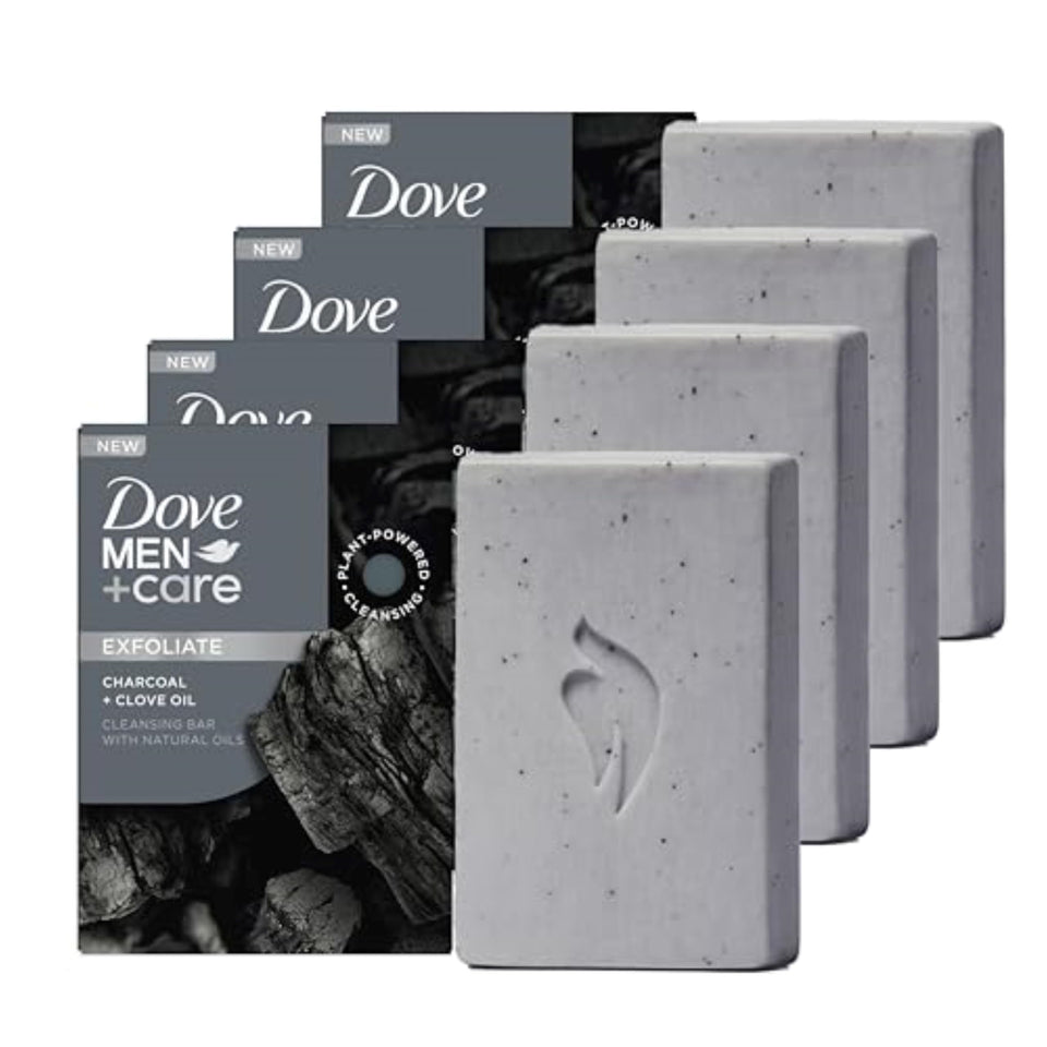 DOVE MEN + CARE front packaging showing charcoal and clove scent benefits