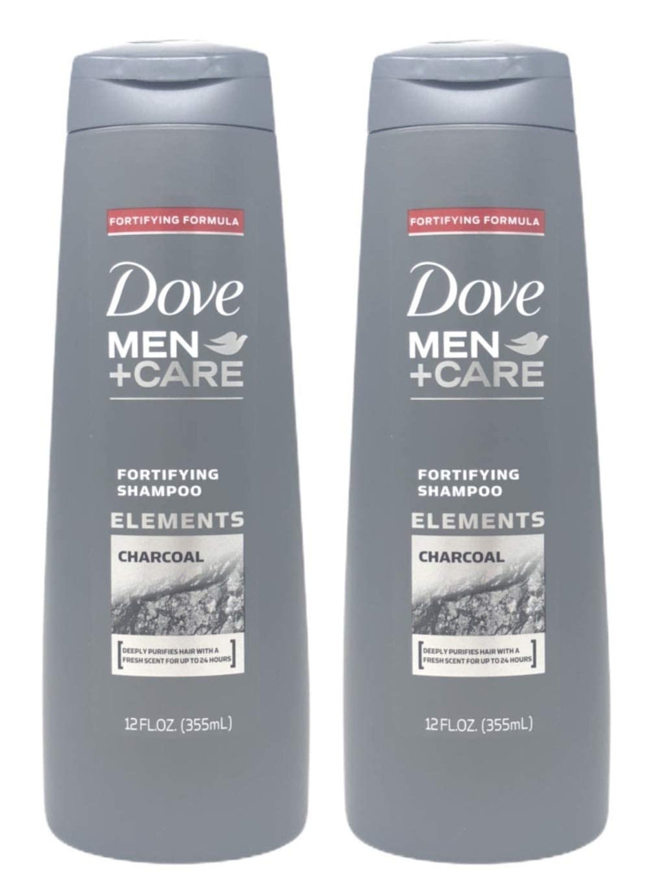 Dove Men+Care front packaging showing two 12 oz bottles and sustainable benefit