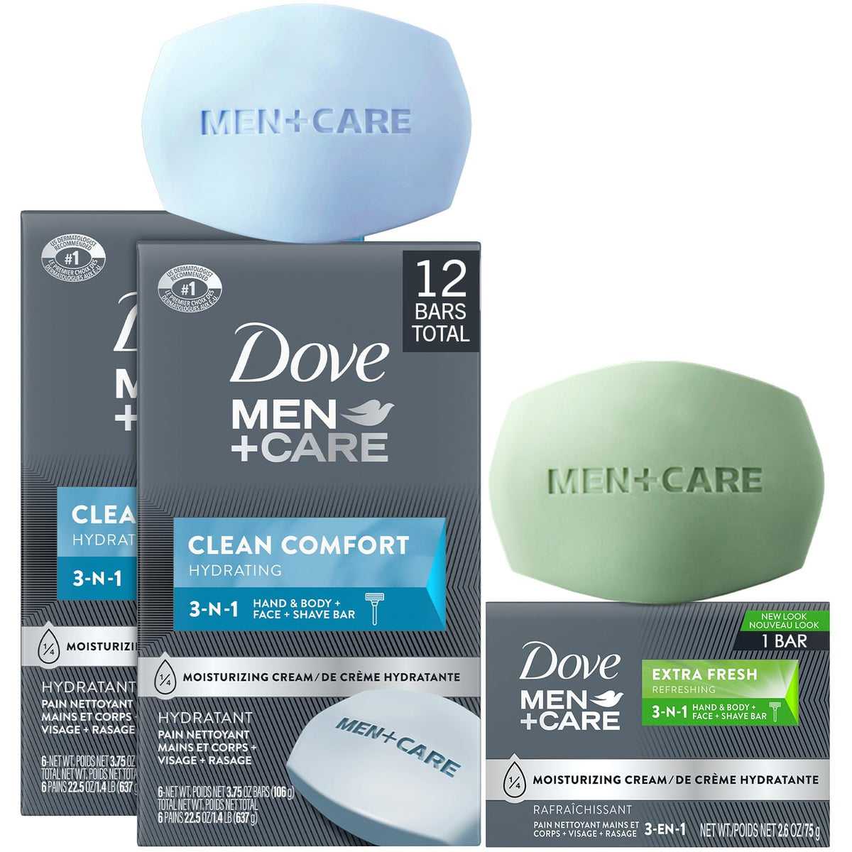 Dove Men+Care front packaging showing Clean Comfort bars and clear product benefit