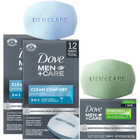Dove Men+Care front packaging showing Clean Comfort bars and clear product benefit