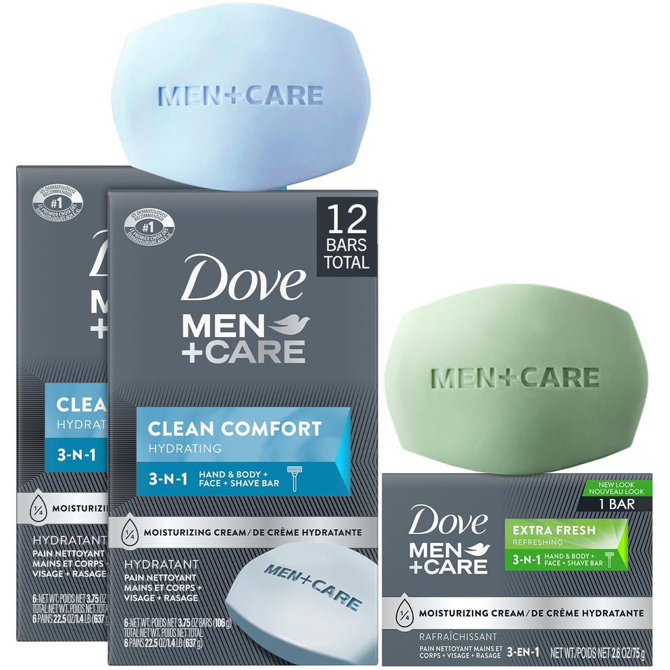 Dove Men+Care front packaging showing Clean Comfort bars and clear product benefit