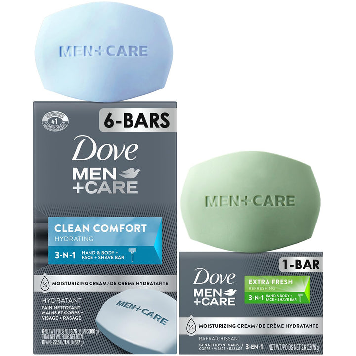 Dove Men+Care front packaging showing multi-bar value and fresh scent benefit