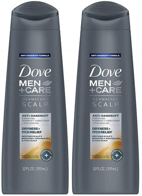 Dove Men+Care front packaging showing bottle and branding for reliable dandruff relief