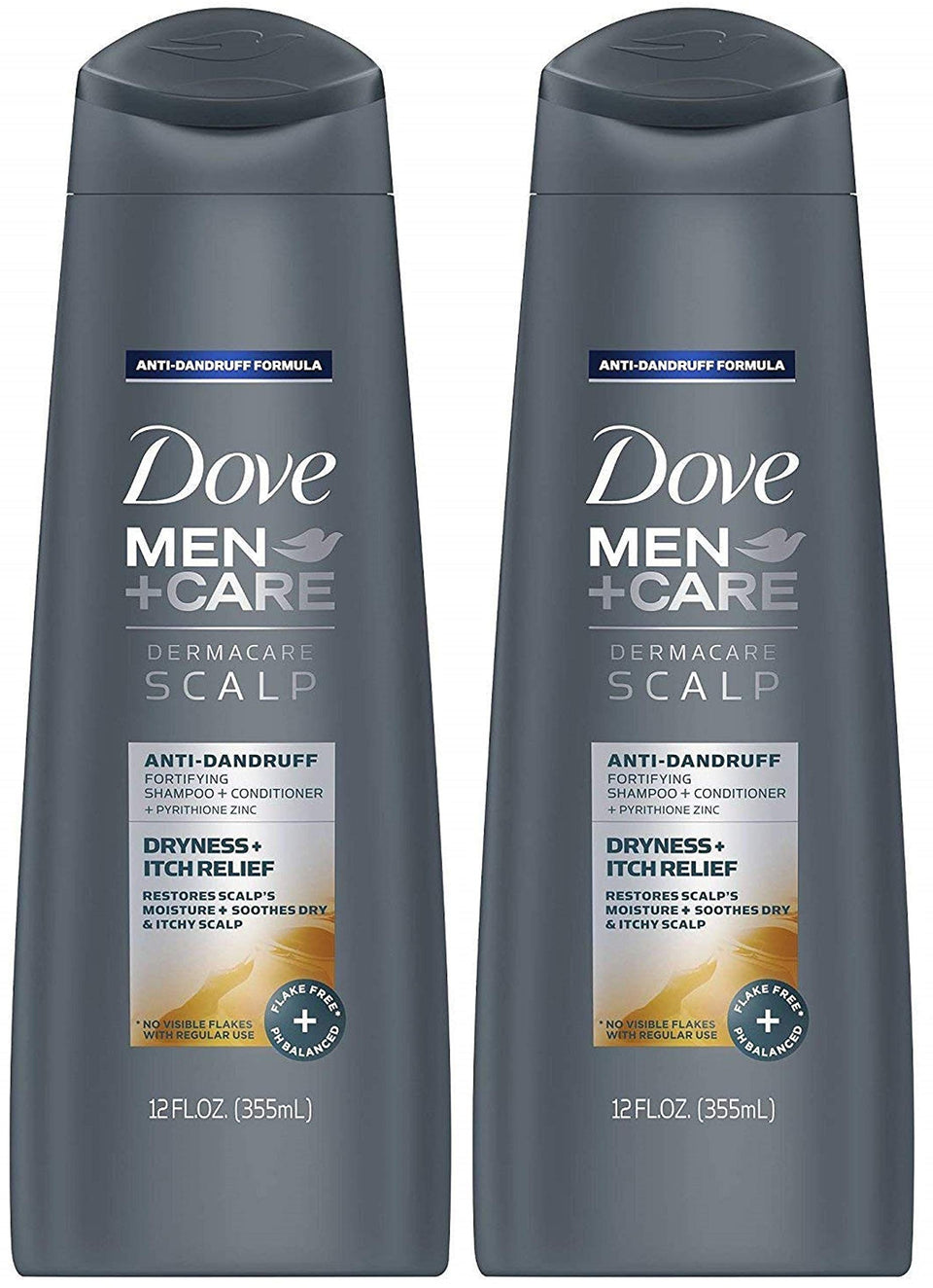 Dove Men+Care front packaging showing bottle and branding for reliable dandruff relief
