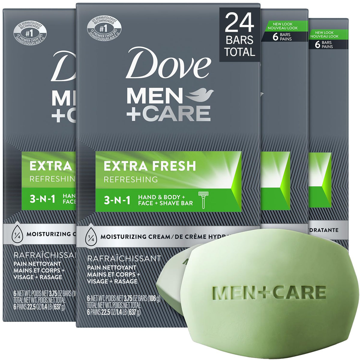 Dove Men+Care front packaging showing 4-pack and benefit of hydration