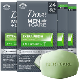 Dove Men+Care front packaging showing 4-pack and benefit of hydration