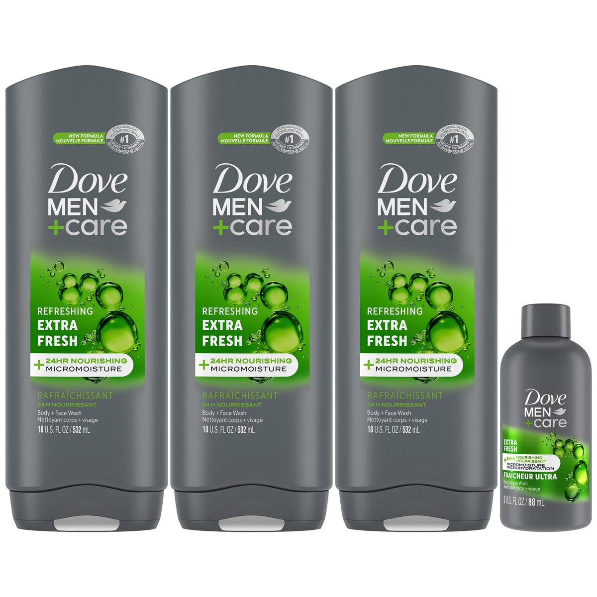 Dove Men+Care front packaging showing 3-pack and travel bottle benefit of home supply