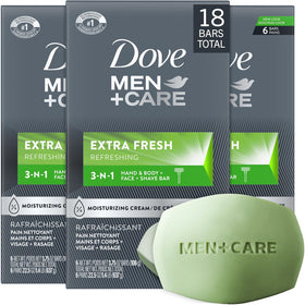Dove Men+Care front packaging showing bulk three‑pack and branding benefit hydration