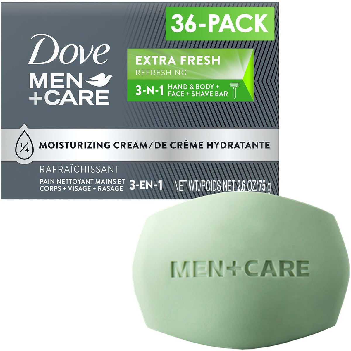 Dove Men+Care front packaging showing 36 bars and value pack benefit