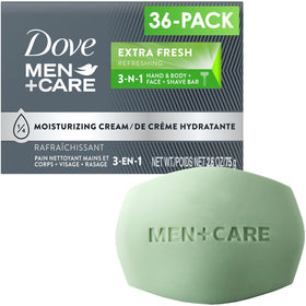 Dove Men+Care front packaging showing 36 bars and value pack benefit