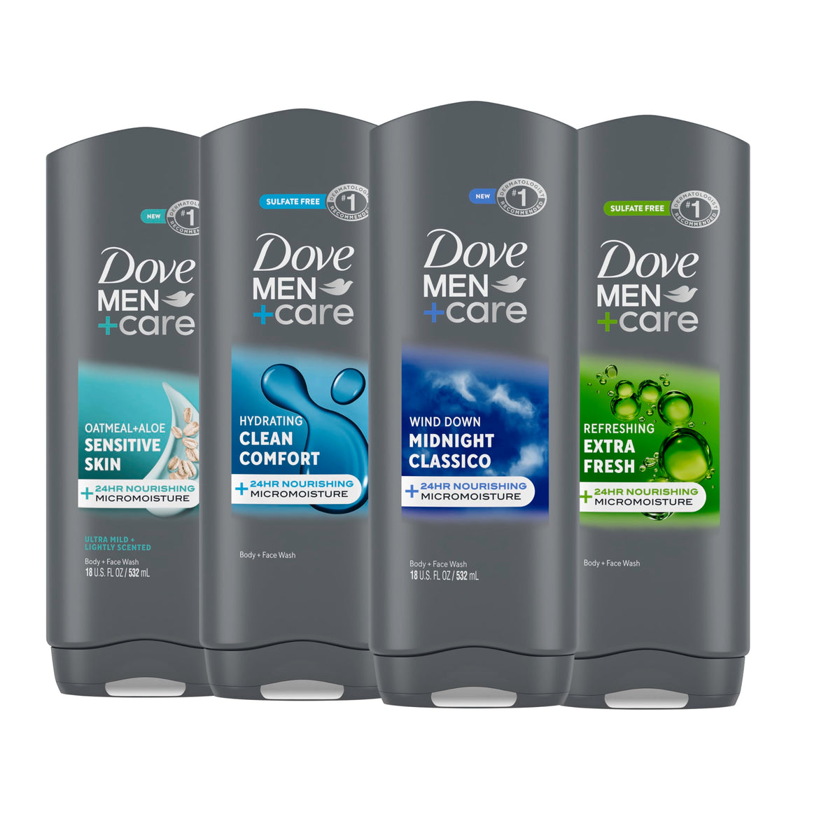 DOVE MEN + CARE front packaging 4-pack showing brand and size, convenient supply