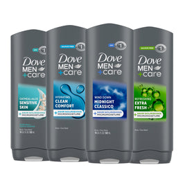 DOVE MEN + CARE front packaging 4-pack showing brand and size, convenient supply