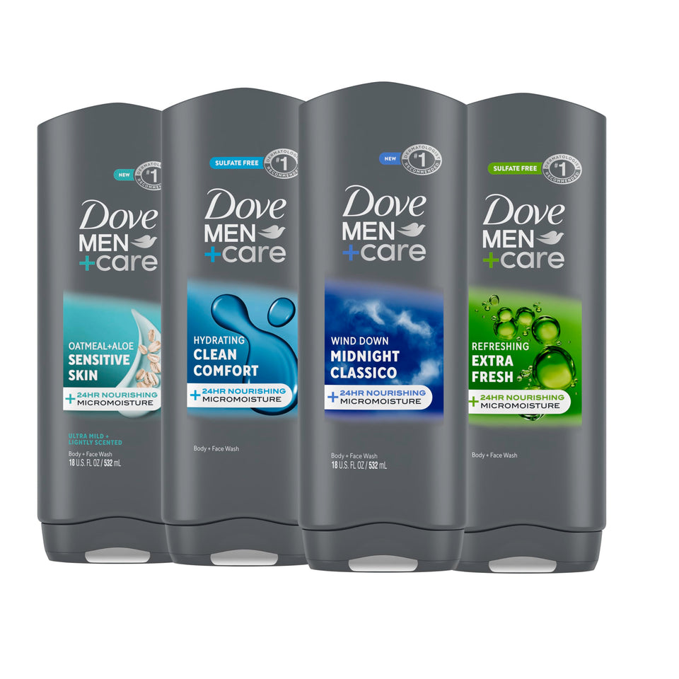 DOVE MEN + CARE front packaging 4-pack showing brand and size, convenient supply
