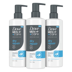 Dove Men+Care front packaging showing product and benefits for dry skin