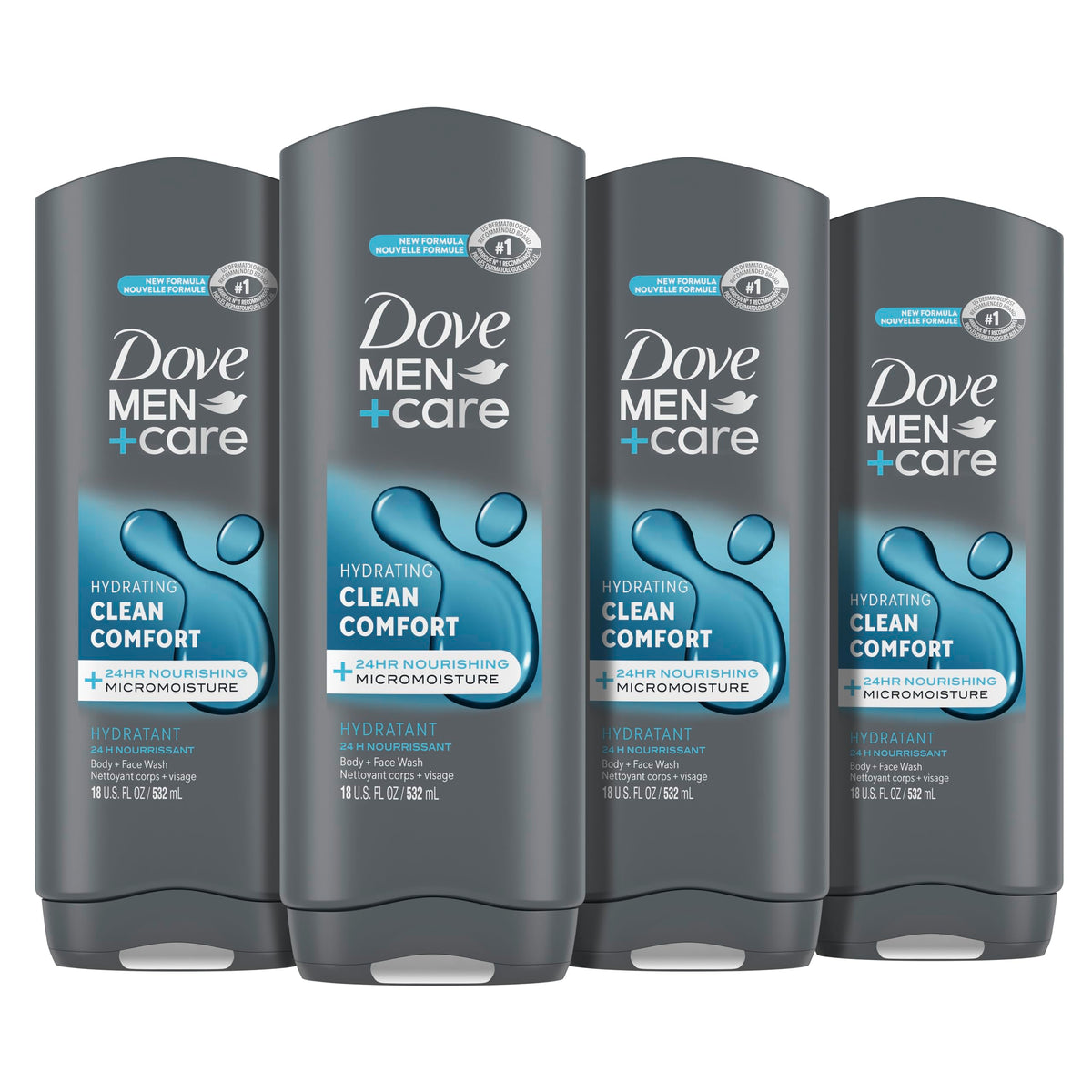 Dove Men+Care front packaging showing clean-comfort 18 oz and benefits