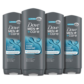 Dove Men+Care front packaging showing clean-comfort 18 oz and benefits