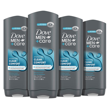 Dove Men+Care front packaging showing clean-comfort 18 oz and benefits