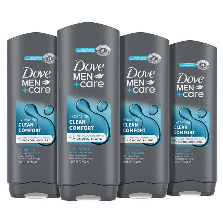 Dove Men+Care front packaging showing clean-comfort 18 oz and benefits