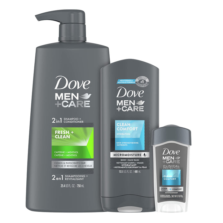 Dove Men+Care front packaging showing full regimen for easy routine
