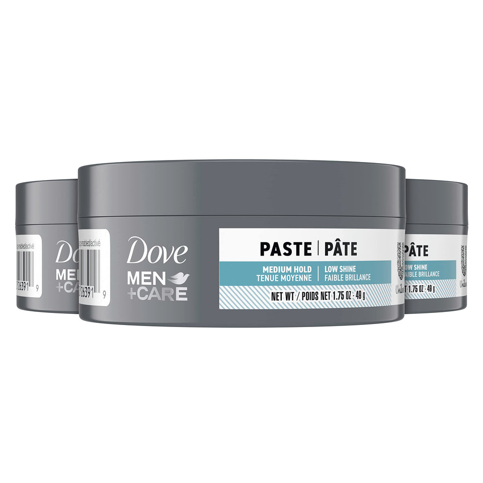 Dove Men+Care front packaging showing three sculpting paste jars and portability benefit