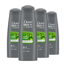 DOVE MEN + CARE front packaging showing 12 oz bottle and fresh look benefit
