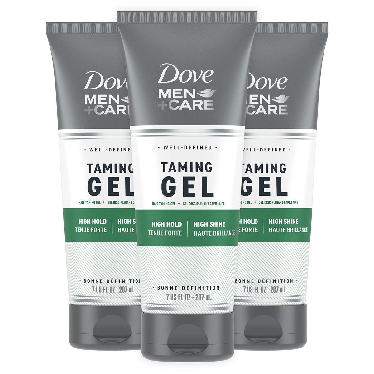 DOVE MEN + CARE front packaging showing three 7 oz tubes and strong hold