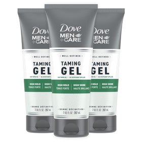 DOVE MEN + CARE front packaging showing three 7 oz tubes and strong hold