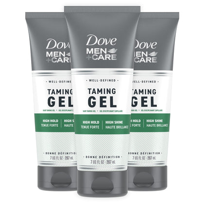 DOVE MEN + CARE front packaging showing three 7 oz tubes and strong hold