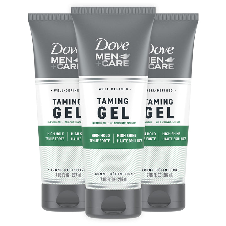 DOVE MEN + CARE front packaging showing three 7 oz tubes and strong hold