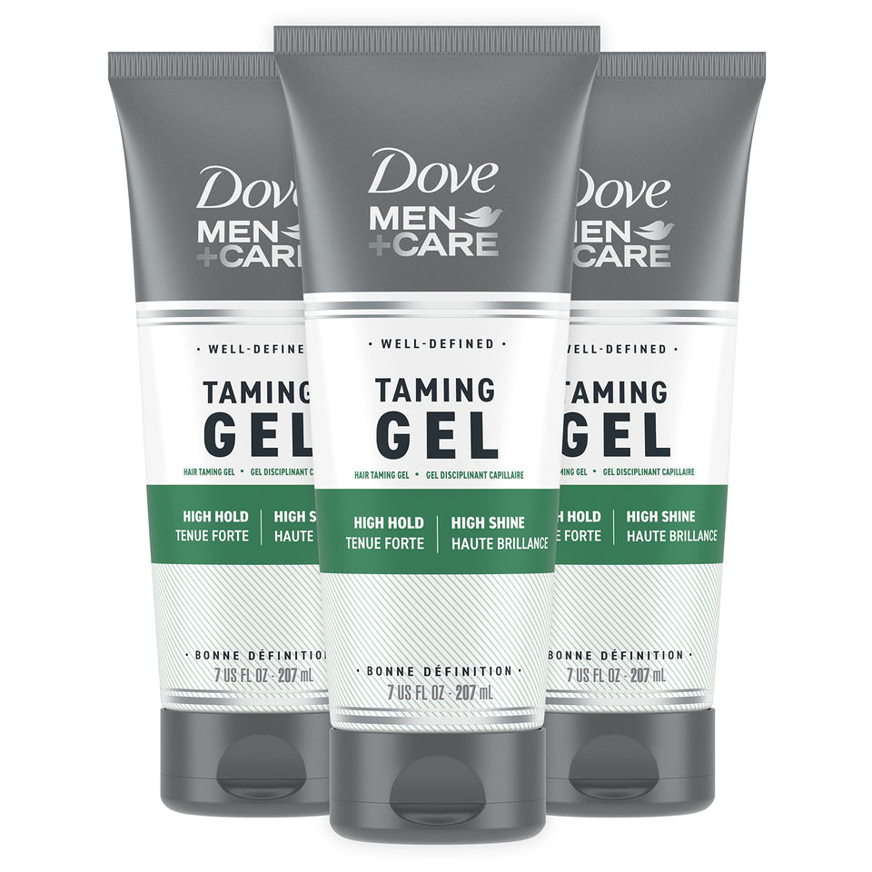 DOVE MEN + CARE front packaging showing three 7 oz tubes and strong hold