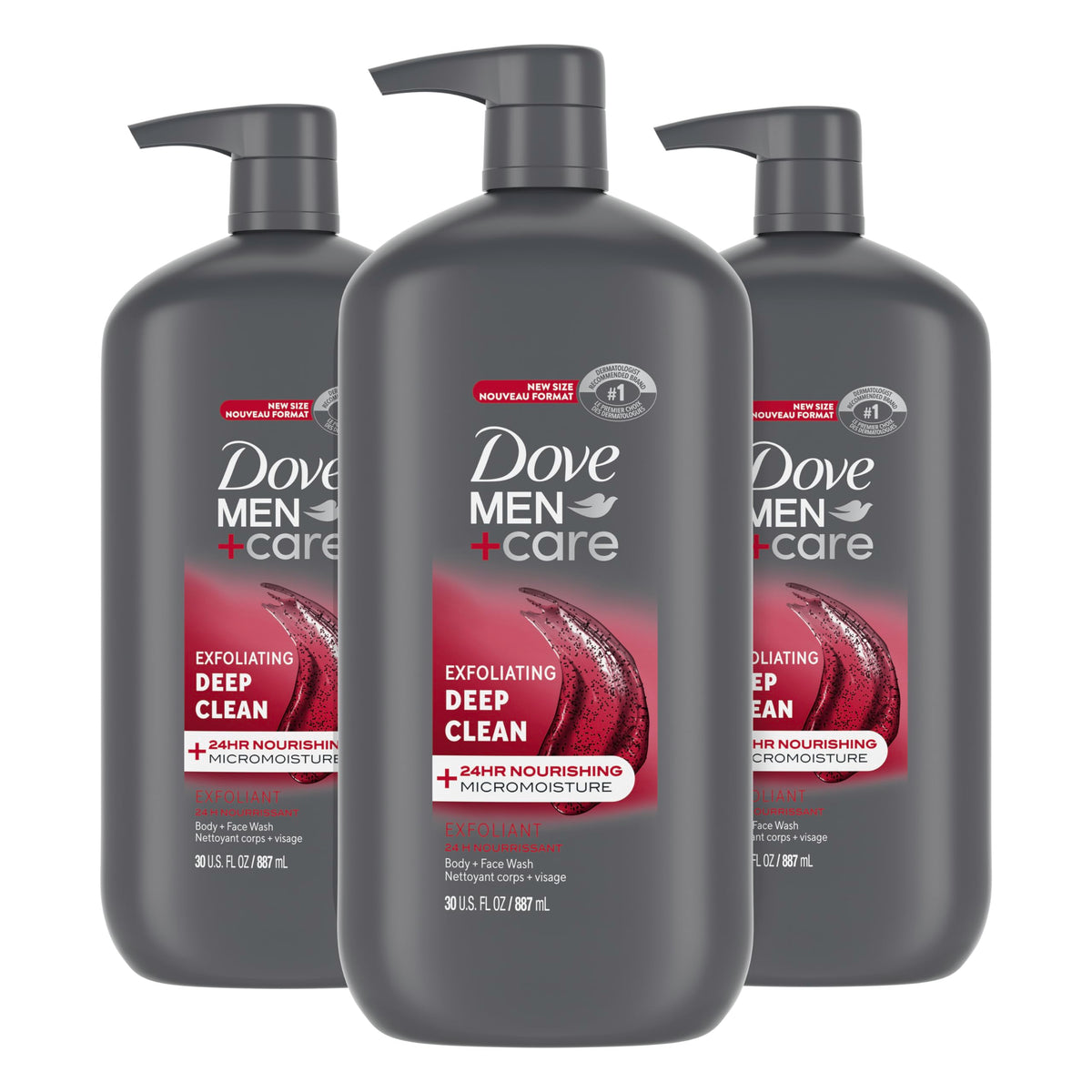 Dove Men+Care front packaging showing three 30 oz bottles and product benefits