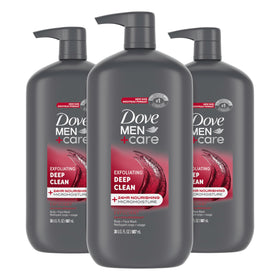 Dove Men+Care front packaging showing three 30 oz bottles and product benefits