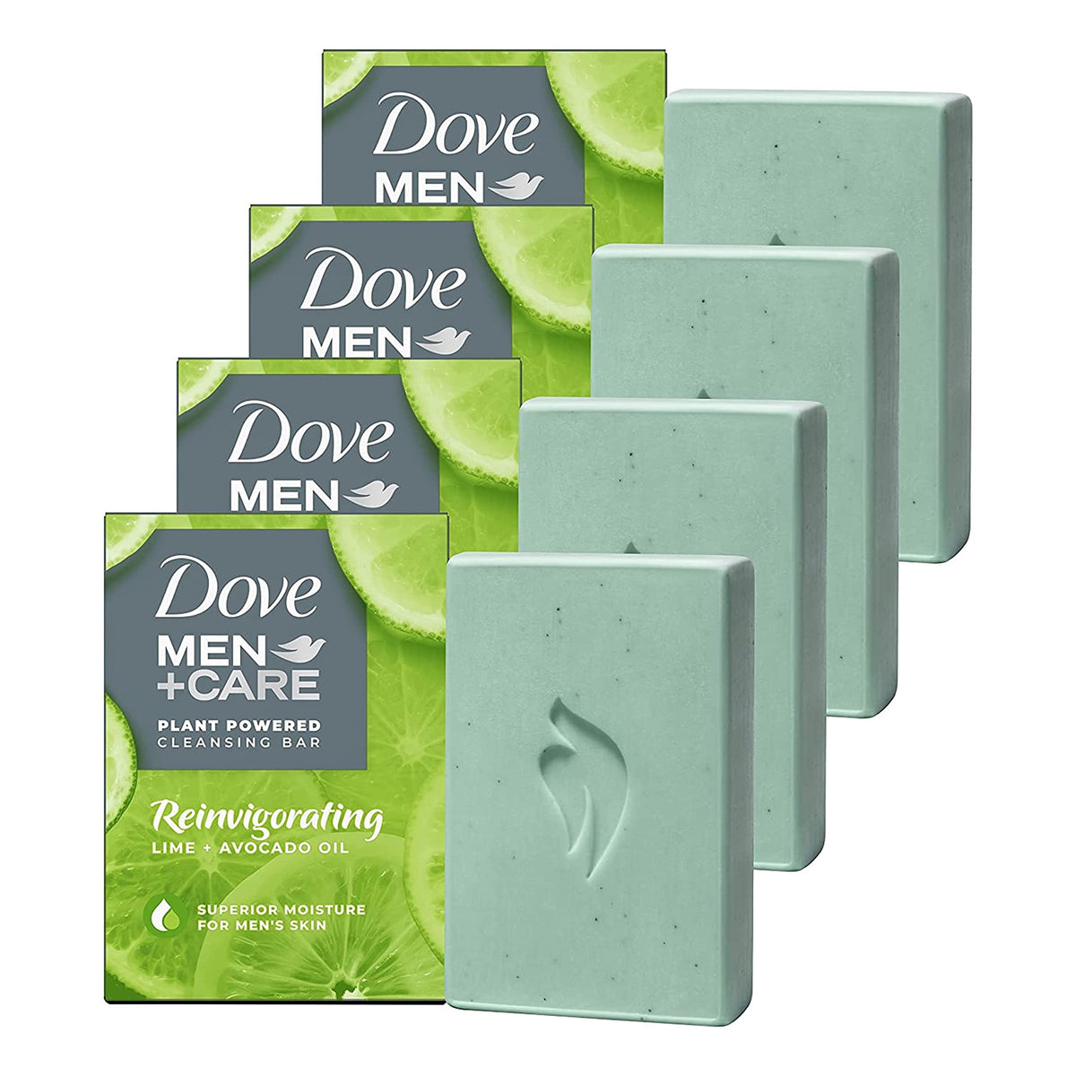 Dove Men+Care front packaging showing 4-count and benefits