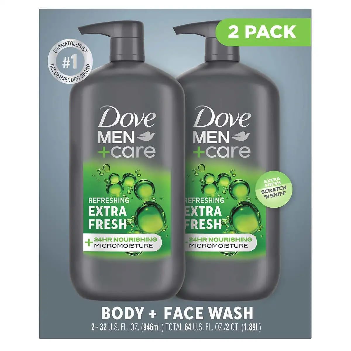Dove Men+Care front packaging showing label and size benefit