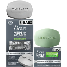 Dove Men+Care front packaging showing six large bars and travel bar benefiting routine simplicity