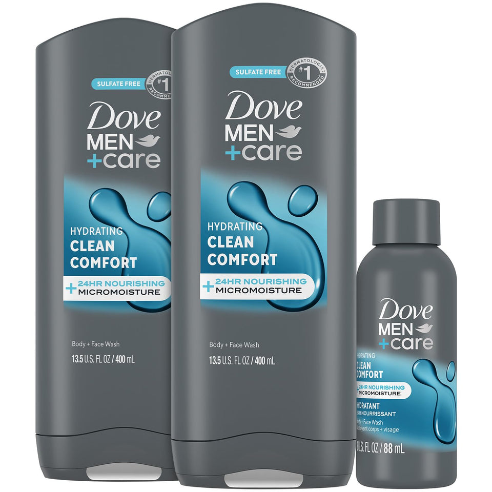Dove Men+Care front packaging showing two full bottles and travel size for convenience