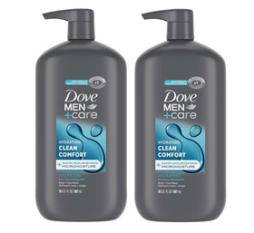 Dove Men+Care front packaging showing two 30 oz bottles with clear benefits