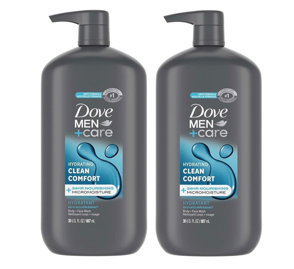 Dove Men+Care front packaging showing two 30 oz bottles with clear benefits