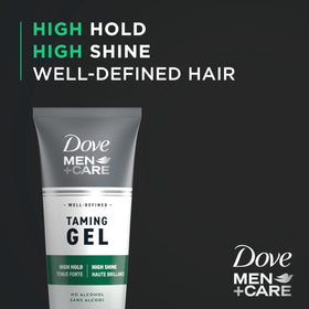 DOVE MEN + CARE gel texture on palm showing consistency and control