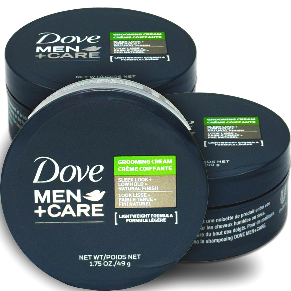 Dove Men+Care front packaging showing three compact tubs and product benefit