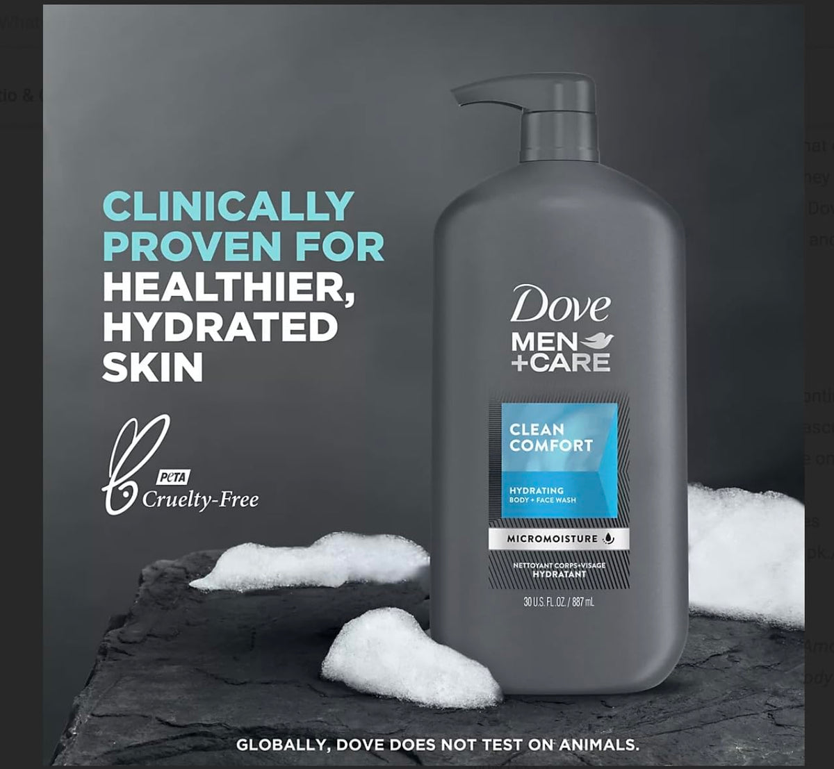 Dove Men+Care bottle in use under shower showing quick lather and rinse