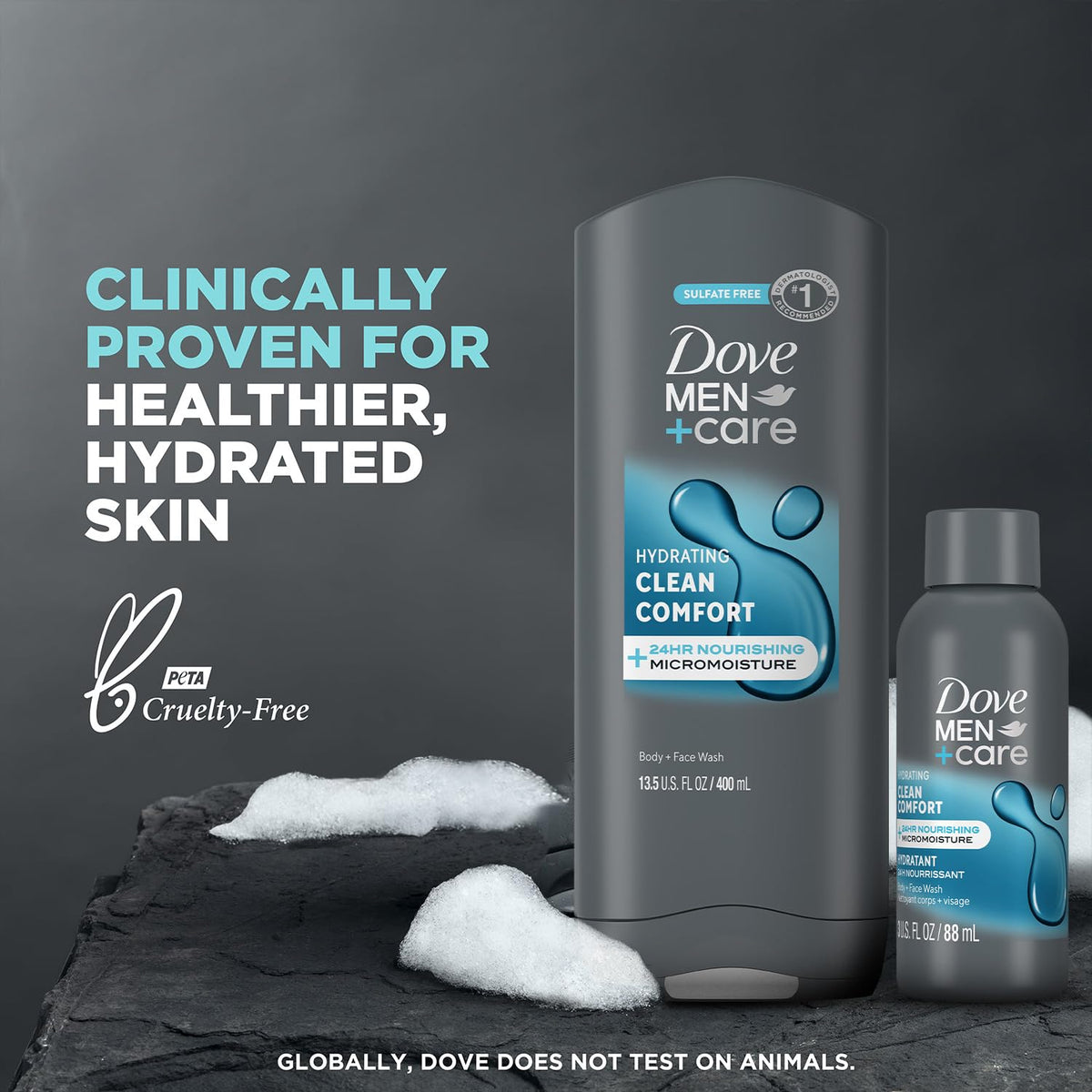 Dove Men+Care being used in shower showing cleansing action and refreshed skin