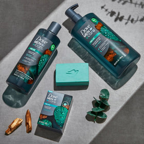 DOVE MEN + CARE bar styled in bathroom setting showing refreshing ritual benefit