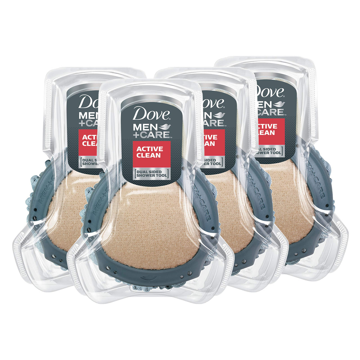 DOVE MEN + CARE front packaging showing four shower tools for convenience