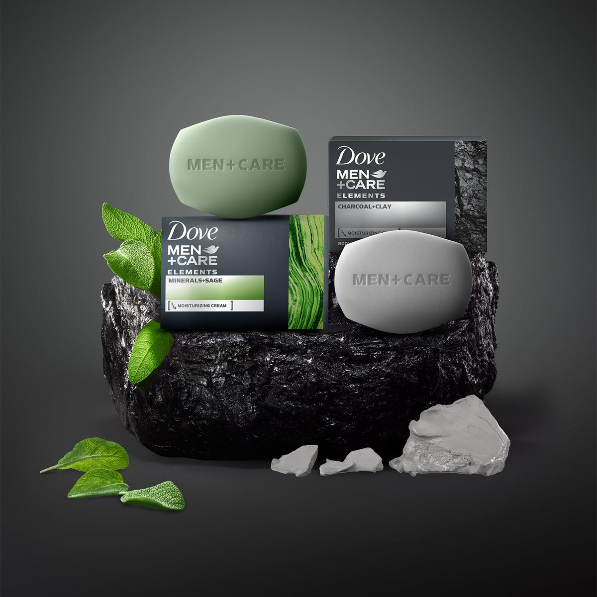 Dove Men+Care bar next to an adult hand showing real size and travel-ready benefit